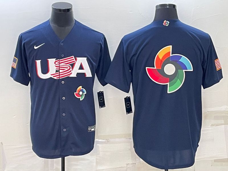 Men 2023 World Cub USA Blank Blue Nike MLB Jersey5->women mlb jersey->Women Jersey
